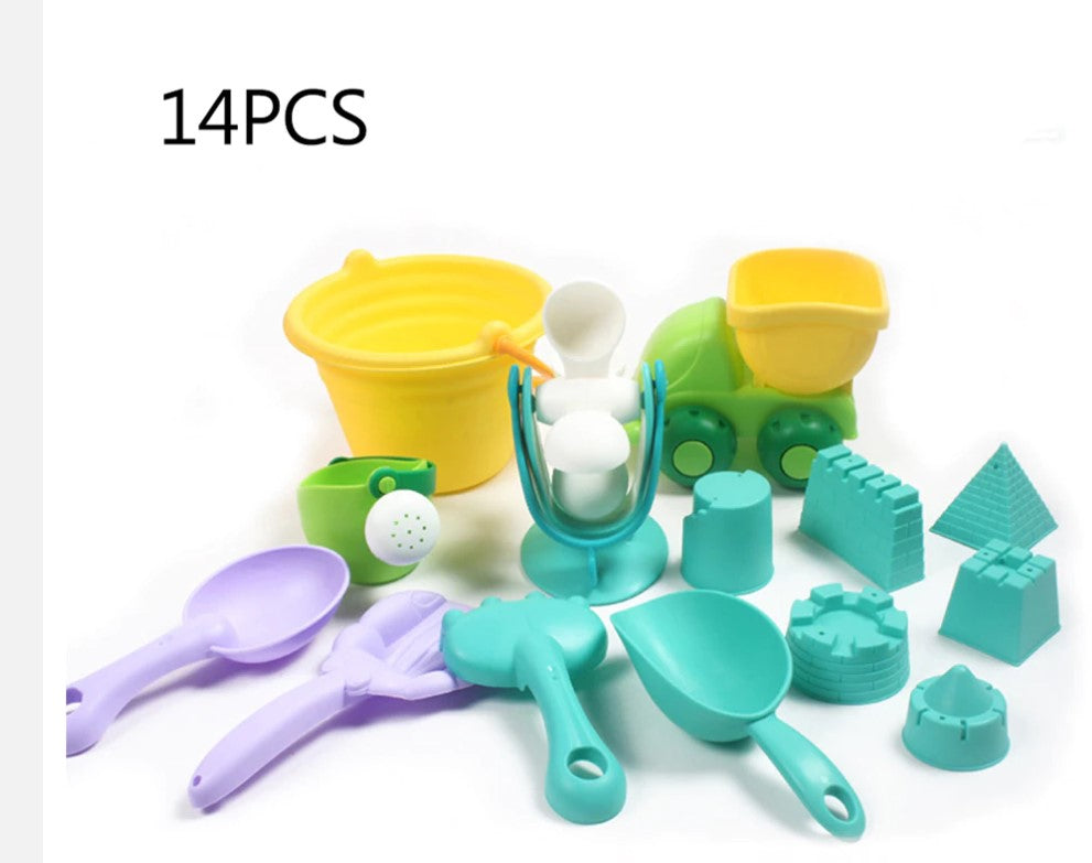 Soft Plastic Sandpit Truck Bucket Toys Kids Square Sand Pit Beach Play 14 pcs