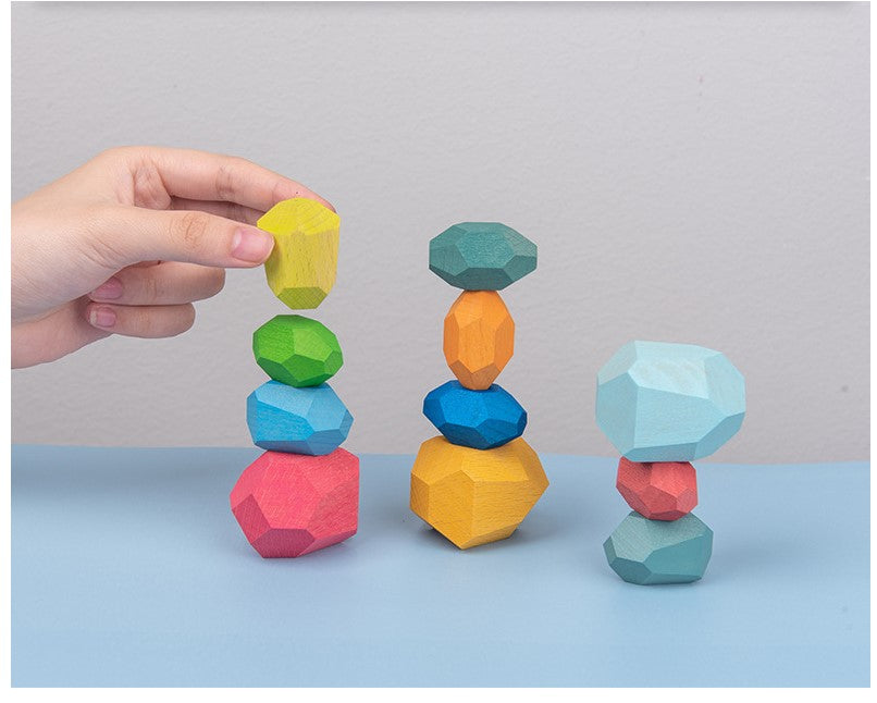 Educational Creative Wooden Colored Stacking Balancing Stone Building Blocks Hot