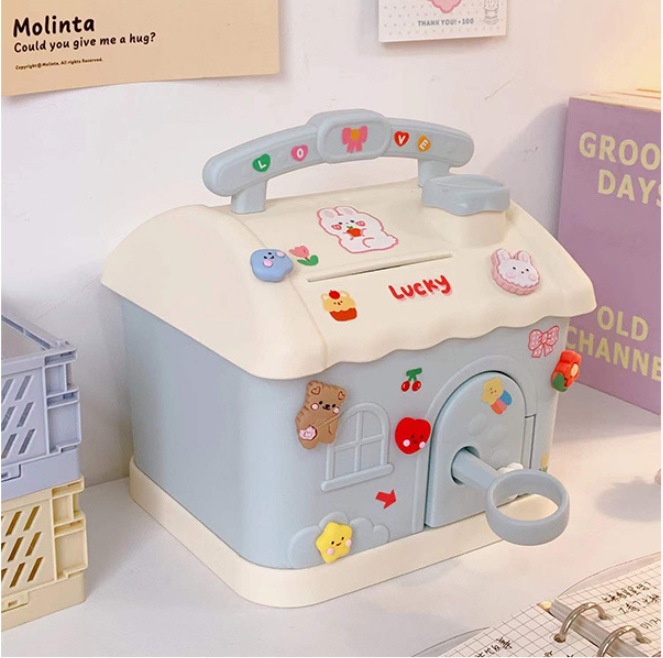 Lockable Cash Box Plastic Cute House Piggy Bank Coin Saving